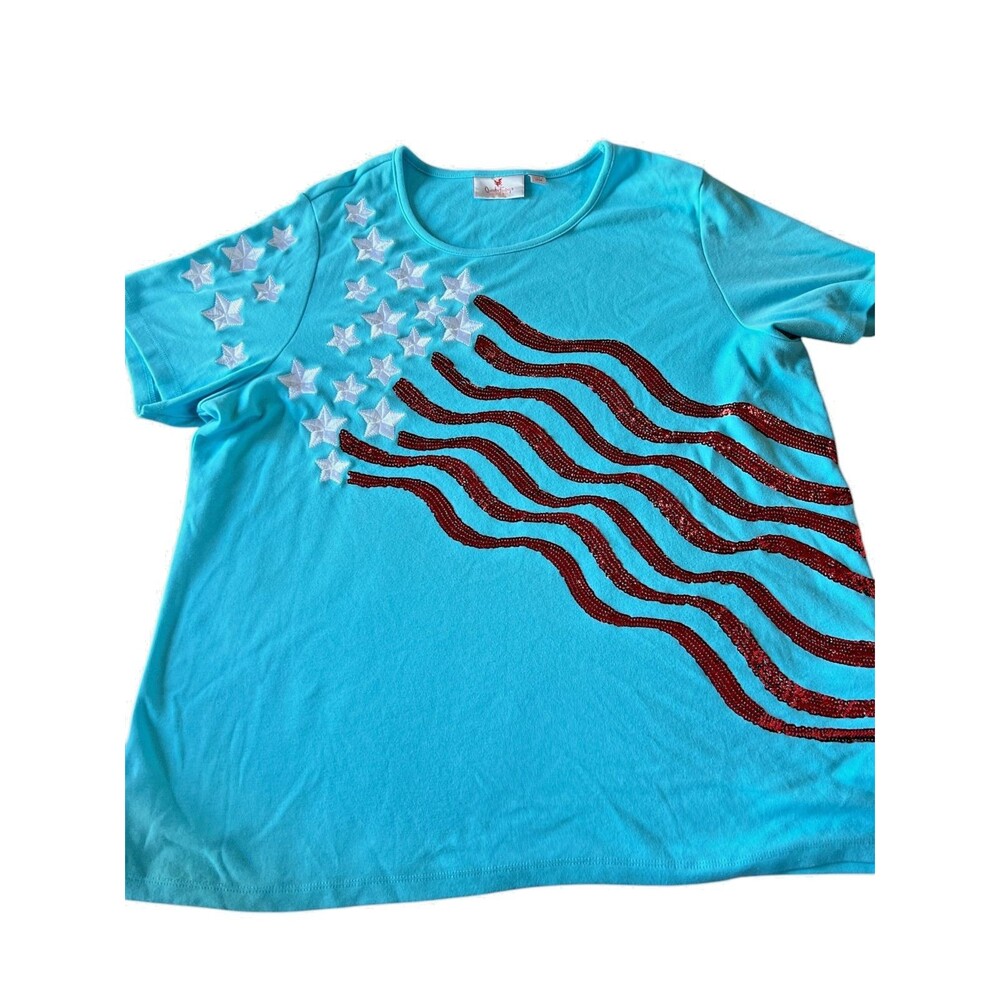 Quacker Factory Turquoise Tee with Red Sequin Waves and White Star Accents